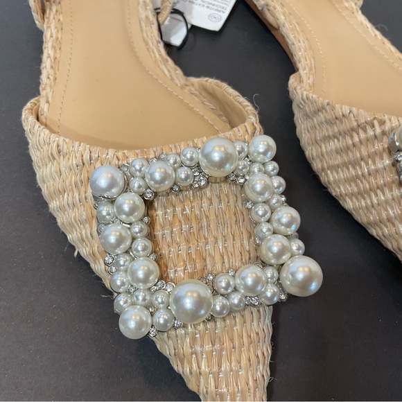 ZARA NWT beige raffia flats with pearl and rhinestone detail 2531/910 size 5 - Picture 2 of 12
